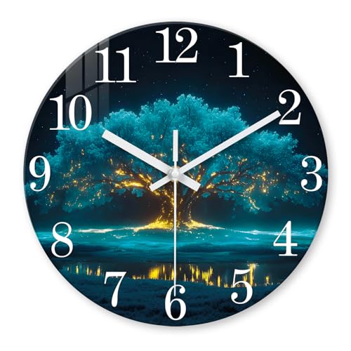 XNM Modern Decorative Glass Wall Clocks Battery Operated 12 Inch Teal Tree of Life Wall Clocks for Living Room Kitchen Bedroom Office Decor Natural Landscape Analog Wall Clock Silent