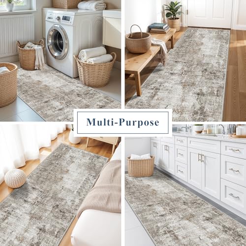 3x7 Washable Non-Slip Kitchen Runner Rug – Modern Abstract Neutral Beige & Gray Carpet for Hallway, Entryway, Bedroom, Laundry Room – Low-Pile Thin Wide Floor Runner with Rubber Backing