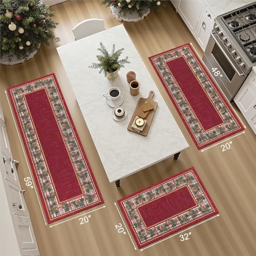 Christmas Kitchen Rugs Sets of 3, Washable Christmas Rugs for Kitchen, Non Slip Christmas Kitchen Rugs and Mats, Farmhouse Kitchen Floor Carpet Set for Winter Xmas Holiday Decoration