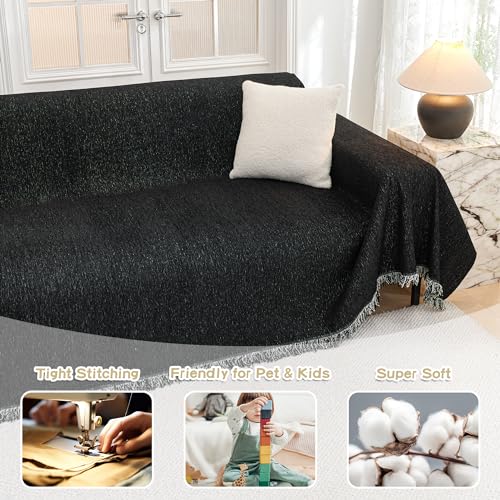 MYSKY HOME Couch Cover for Dogs Washable Couch Covers for 3 Cushion Couch Sofa Super Soft Sofa Slipcover Non Slip Sofa Cover, Chenille Sofa Covers for Dogs, Furniture Protector, 71"x150", Black