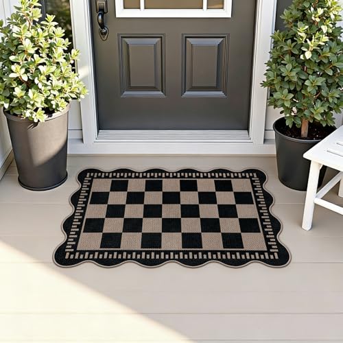 Checkered Easy Jute Entryway Rug, 2x3 Washable Non Slip Kitchen Rug, Indoor Outdoor Door Mat, Farmhouse Low Pile Floor Black Rugs for Porch Doorway