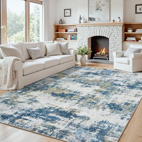 5x7 Area Rugs for Living Room: Washable Soft Blue Abstract Bedroom Carpet