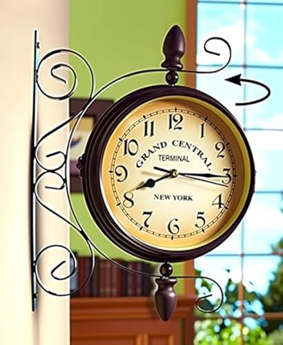 WOOCH Wrought Iron Antique-Look Brown Round Wall Hanging Double Sided Two Faces Retro Station Clock Round Chandelier Clock with Scroll Wall Side Mount Home Décor Wall Clock 8-inch