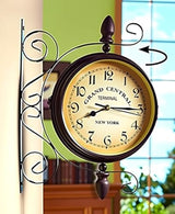 WOOCH Wrought Iron Antique-Look Brown Round Wall Hanging Double Sided Two Faces Retro Station Clock Round Chandelier Clock with Scroll Wall Side Mount Home Décor Wall Clock 8-inch