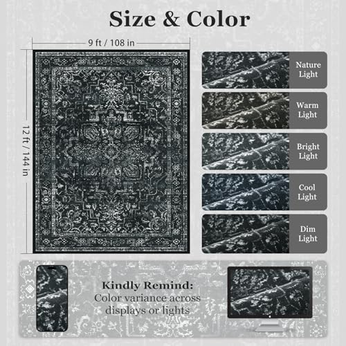 Dark Distressed Washable Area Rugs 9x12 Living Room, Black Vintage Medallion Printed Big Carpet Rugs for Bedroom, Washable Non Slip Low Pile Thin Rugs for Dining Room Home Office