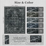 Dark Distressed Washable Area Rugs 9x12 Living Room, Black Vintage Medallion Printed Big Carpet Rugs for Bedroom, Washable Non Slip Low Pile Thin Rugs for Dining Room Home Office