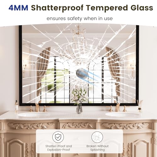 WEER Black Framed Mirror for Bathroom, 40x30 Inch Framed Bathroom Mirror, Rectangular Wall Mounted Mirror, Matte Black Vanity Mirrors, Tempered Glass, Vertically or Horizontally, Anti-Rust