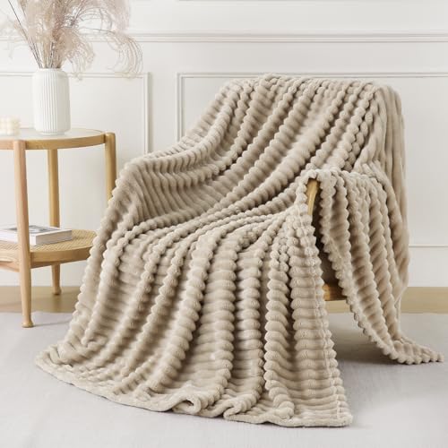 Khaki Throw Blanket for Couch Sofa 50x60 inches Striped Fleece Blankets Room Home Decor Lightweight Plush Soft Cozy Gifts for Women Mom