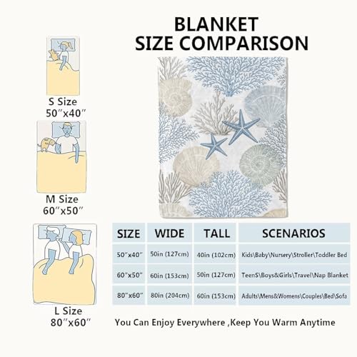 Nautical Beach Flannel Throw Blanket 50x60 Inch, Blue Beige Coral Seashell Starfish Ocean Decor, Soft Sea Fleece Blankets for Sofa Couch Bedroom, Coastal Home Decorative Gifts for Marine Lovers