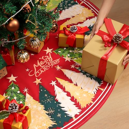 Multiwins Christmas Tree Skirt 48 Inch, Red Christmas Tree Skirt with Christmas Tree and Star Design, Thick Flannel Fabric, Xmas Tree Skirt for Holiday Decorations