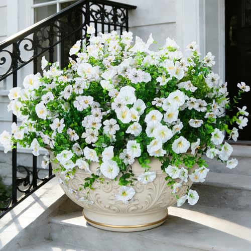 Hrobek Artificial Flowers for Outdoors Faux Plants Outside Indoor,Realistic UV Resistant Silk Fake Daisy Morning Glory for Home Patio Garden Back Yard Front Porch Decor Spring Summer(12 Bunches,White)