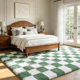 Area Rugs for Bedroom Living Room,4x6 Green and White Fluffy Soft Checkered Rug Fuzzy Shag Shaggy Carpet,Indoor Plush Floor Rugs for Teen Dorm Home Decor