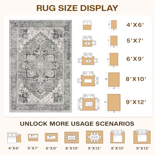 LIVELYGLOW 8x10 Washable Vintage Area Rug, Living Room Carpet