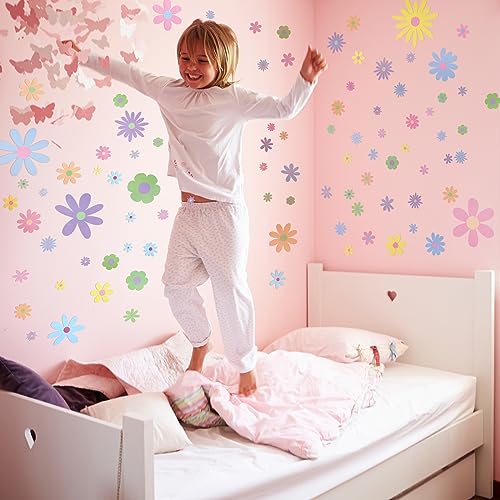 Kisston 90 Pcs Daisy Wall Decal Boho Decal Daisy Stickers Flower Wall Decals Removable Vinyl Decals Peel and Stick for Nursery Art Bedroom Home Decor(Pastel)