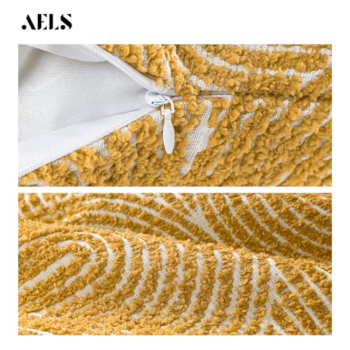 AELS Boho Decorative Textured Throw Pillow Covers 18x18, Organic Modern Mid Century Rainbow Tufted Pillow Case, Farmhouse Rustic Geometric Woven Cushion Case for Bed Couch Sofa, Mustard Yellow