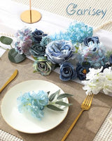 Garisey Artificial Flowers Combo Box Set Dusty Blue Flowers for DIY Wedding Bouquet Arrangements Bridal Shower Party Home Decorations(White Blue Rose)