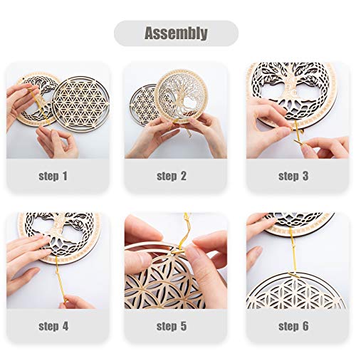 Qallicon 5.31" Sacred Geometry Wall Art 4 PCS Set, (Sacred Lotus, Hamsa Hand, Soul Star, Union Sun Moon) Crystal Grid Meditation Chakra Wooden Wall Art Yoga Decor Spiritual Gifts