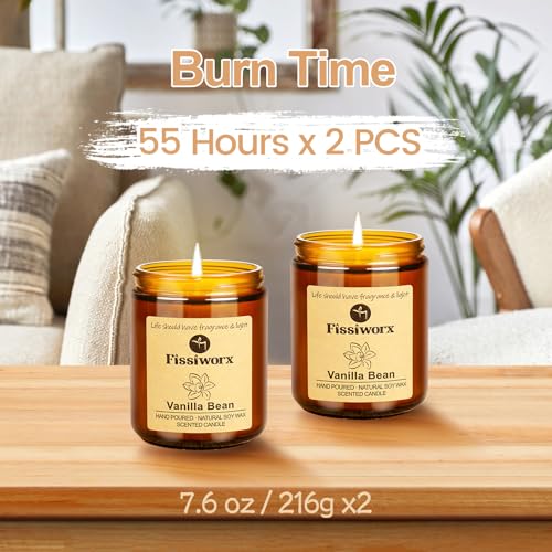 Fissiworx Vanilla Scented Candle Set 2 Pack, Candle for Home Scented, Odor Eliminating, Stress Relief, 15oz, 110 Hours Long Lasting Candles, Soy Candle Gift Set for Women