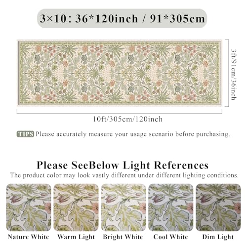 3x10 Washable Floral Runner Rugs: Non-Slip Long Wide Indoor Carpet Runner for Hallway Floor Living Room Entryway Bedroom - William Morris Rug Stain Resistant Dark 3x10ft Beige