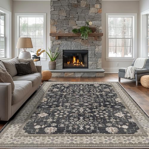 9x12 Washable Area Rugs for Living Room (Charcoal Blush Ivory)