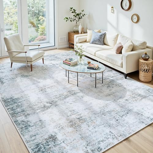 10x14 Washable Area Rug for Living Room Bedroom: Non-Slip Modern Blue Grey