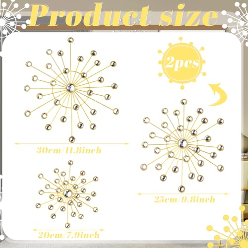 Blulu 4 Pcs Metal Wall Decor Bling Crystal Wall Art Cast Iron Rhinestones Sunburst Decor Starburst Art Hanging Diamond Accents Home Decorative for Living Room Bedroom Entryway(Gold)