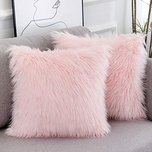 Pink Faux Fur Pillow Covers 18x18 Inch,Set of 2 Plush Decorative Throw Pillow Case for Couch Sofa Bed, Soft Fluffy Blush Pink Cushion Cover with Hidden Zipper for Bedroom Girls Room Dorm Decor
