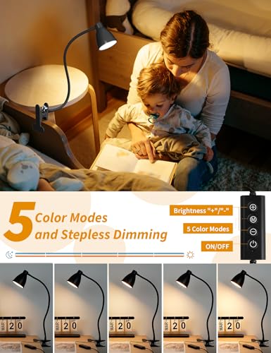 BOHON Desk Lamp 5 Color Modes 10 Brightness Dimmer Reading Light Black | 10W 38 LED Clamp Lamp with Auto Off Timer 360° Flexible Neck Clip on Light for Bed Bedside, AC Adapter Include