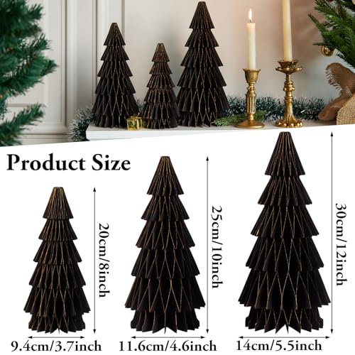 SUNBEAUTY 3PCS Black and Gold Honeycomb Paper Christmas Tree, 3D Christmas Tree Table Centerpiece with Magnetic Attachment,Christmas Winter Newyear Party Holiday Home Decor