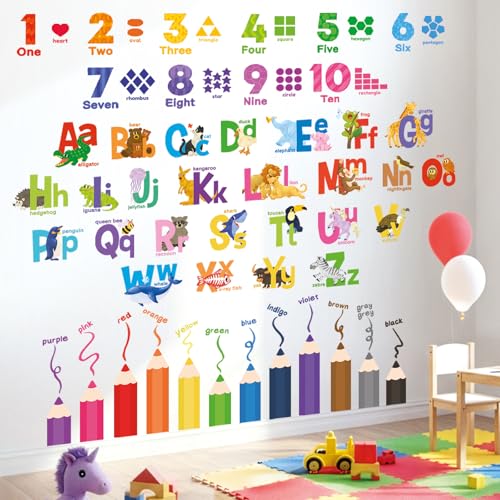 DECOWALL SG3-2316 Alphabet Numbers and Colouring Pencils Wall Stickers Decals Classroom Kids playroom Art Play Room Rainbow ABC Decorations Toddler Color Child Preschool Living Baby Girl Baby boy