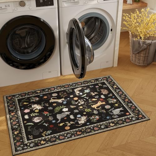 Rugcomf Small Area Rug 2x3 Door Mat Washable Floral Animal Cat, Black