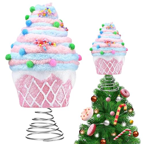 Candy Tree Topper Pastel Dessert Cupcake with Sturdy Spiral Bracket Tree Topper Ornament for Christmas Decorations Holiday Party Home Festive Decor