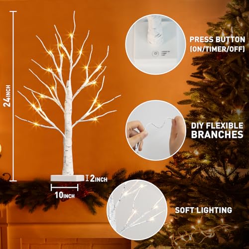 PABIPABI Lighted Birch Tree with LED Lights Christmas Decorations, Small Artificial Bonsai Tree Lights with Timer, LED Tabletop Trees for Home Wedding Decor
