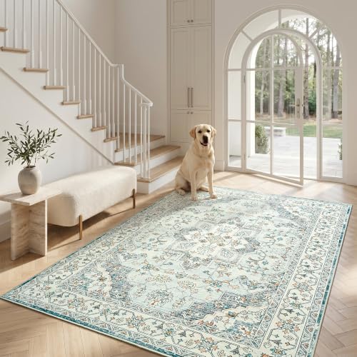 5x7 Area Rugs for Living Room, Washable Rug Vintage Floral, Blue