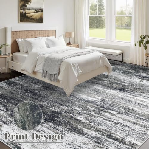 Washable Rug 9x12 Area Rugs for Living Room: Large Neutral Soft Rug Abstract Non Slip Low Pile Modern Carpet for Bedroom Kitchen Nursery Office Dining Room Indoor (Black, 9'x12')