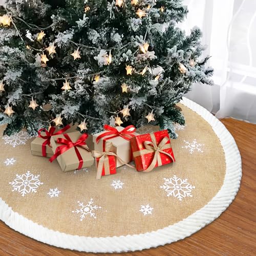 AerWo 48inch Christmas Tree Skirt with White Snowflake, Burlap Tree Skirt with Fur Sides Farmhouse Christmas Tree Skirts for Xmas Decor Festive Holiday Decorations Indoor Outdoor
