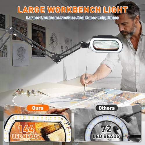 HITTI 12X Square Magnifying Glass with Light and Clamp, Hands-Free Lighted Stand with Ultra Long 3-Section Arm | 5 Color Modes & Stepless Dimming LED Desk Lamp for Workbench, Crafting, Reading -Yellow