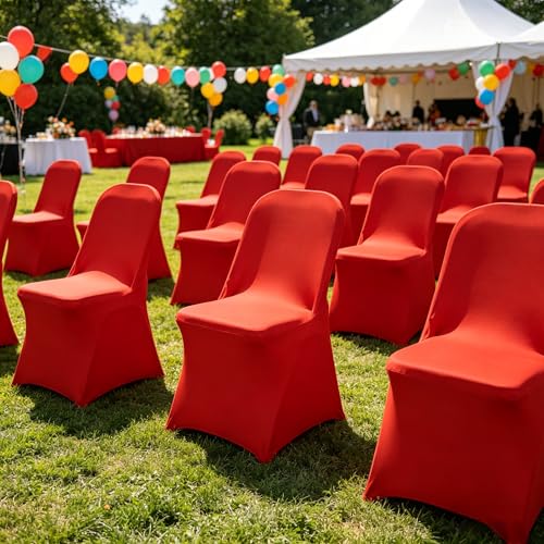 Dimatic 6 Pack Red Stretch Fabric Folding Chair Covers, Universal Fit Washable Slipcovers for Wedding, Banquet, Party