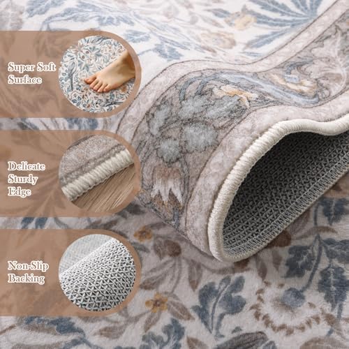 Boho Kitchen Runner Rugs Non Skid Washable, Floral Hallway Runner Rug 8 ft, Soft Flower Botanical Indoor Throw Carpet for Entry Entrance Bedroom Bedside Laundry Room, Beige