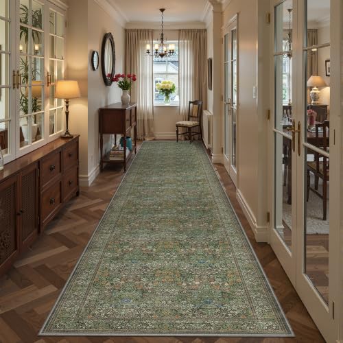Washable 2'6" x 10' Runner Rug, Floral Green Rug Runner,Dark Green