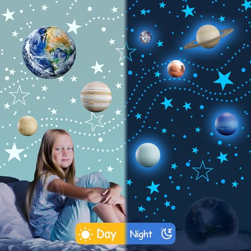 Glow in The Dark Stars Solar System Wall Decals, The Earth Wall Stickers for Bedroom, Baby Nursery Planets Sticker Decoration for Ceiling (Blue)