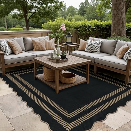 Scalloped Modern Easy Jute Carpet, 5x7 Outdoor Patio Washable Area Rug, Indoor Black Kitchen Rugs Farmhouse Neutral Non Slip Rug for Living Room Patio Entryway