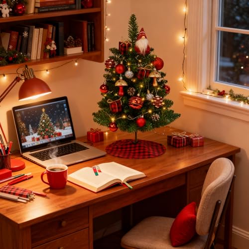 Mini Small Christmas Tree with Lights, 2ft Artificial Small Table Top Christmas Tree with Gnome, Ball Ornaments and Buffalo Plaid Tree Skirt, 24 Pcs DIY Xmas Trees Decor for Toddler, Kids