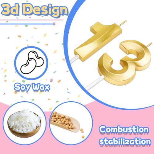 13 Birthday Candle,13th Birthday Decorations for Girls Boys,Gold Numbers Candles for Teen Girls,Thirteen Candles Cake Topper Party Favors