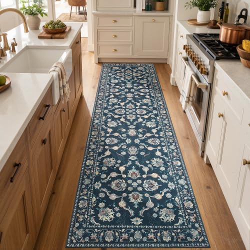 jinchan 3x10 Traditional Floral Rug, Washable Rug Runner, Midnight Blue