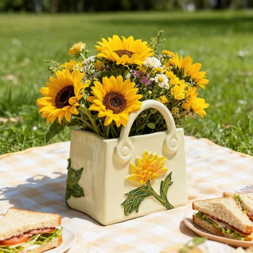 Small Purse Vase for Flowers - Sunflower Cute Handbag Flower Vase for Modern Table Centerpiece Decor, Unique Beige Resin Vases for Party, Kitchen, Bouquet, Bedroom, Livingroom