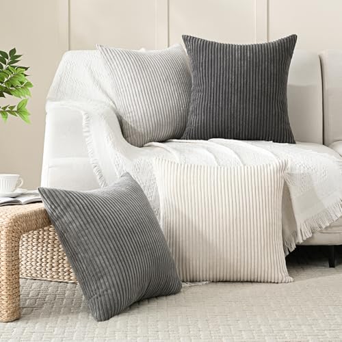 Volcanics Set of 4 Neutral Grey Corduroy Decorative Couch Throw Pillow Covers 18x18 Inch, Western Modern Farmhouse Striped Cushion Cases, Soft Boho Square Accent Pillow Covers for Home Sofa