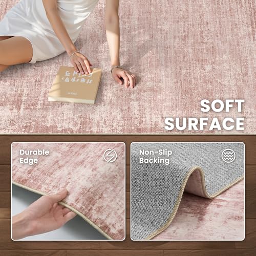 5x7 Area Rugs, Modern Abstract Washable Rug for Living Room Pink