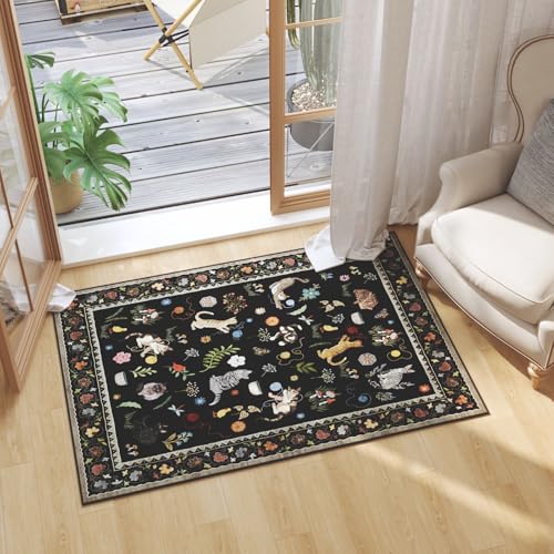 Rugcomf Small Area Rug 2x3 Door Mat Washable Floral Animal Cat, Black