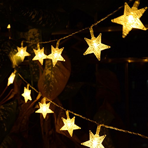 Warm White 50 Led Star Fairy Lights with Remote Control, Battery Powered Five-Pointed Star String Lights